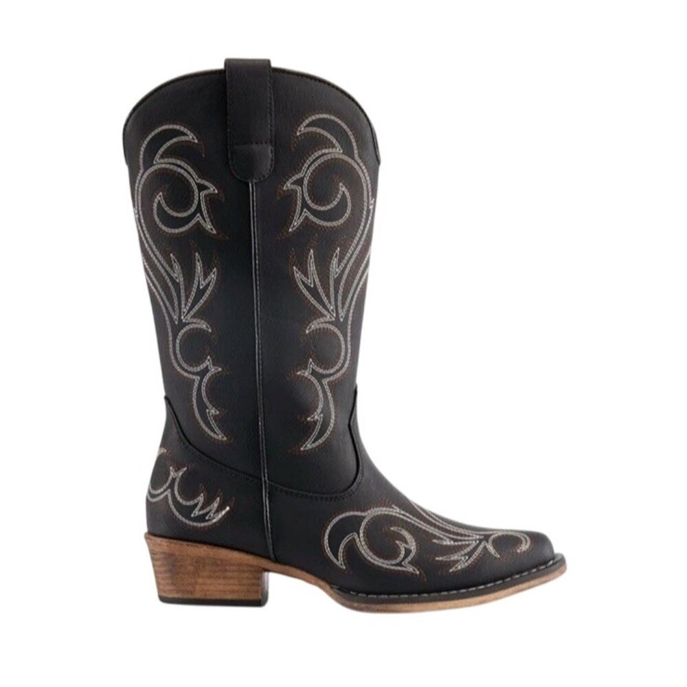 Women 8 Square-toe Mid-Calf Cowgirl Boots Embroidered Western Black- Dream Paris - Picture 7 of 14